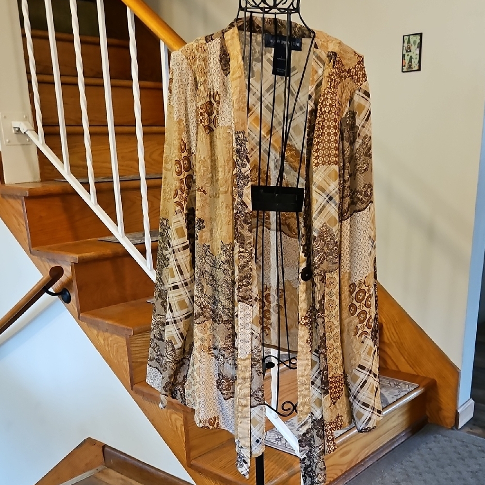 👚Susan Graver Patchwork Open-Front Jacket in Beige and Brown